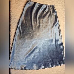 Calligraphie Blue Satin Midi Skirt Side Slit Bias Cut Size Small